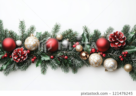 Christmas holiday background. Christmas tree arch frame with balls. Christmas decoration. For holiday headers, banners, party posters. Xmas border of sprigs with pine cones over white background 121476245