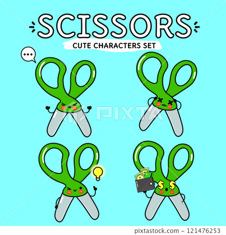Funny cute happy Scissors characters bundle set. Vector hand drawn doodle style cartoon character illustration. Isolated on blue background. Scissors mascot character collection 121476253