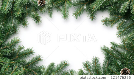 Christmas holiday background. Christmas tree arch frame with balls. Christmas decoration. For holiday headers, banners, party posters. Xmas border of sprigs with pine cones over white background 121476256