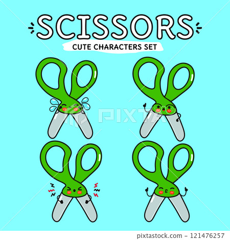 Cute Scissors characters set with playful expressions and actions. Vector hand drawn doodle style cartoon character illustration. Isolated on blue background. Scissors mascot character collection 121476257