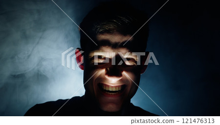 A man in the dark with a disturbing, wide grin, lit from below with dramatic shadows, evoking an eerie and haunting atmosphere. A concept of fear and suspense. A man in the dark with a disturbing, wide grin, lit from below with dramatic shadows, evoking an eerie and haunting atmosphere. A concept of fear and suspense. 121476313