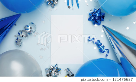 Concept of festive birthday celebrations. Blank card surrounded by colorful balloons, party hats, candles, confetti 121476687