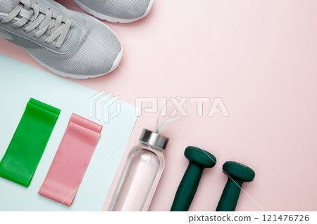 Healthy lifestyle, athlete's equipment set dumbbells, resistance band 121476726