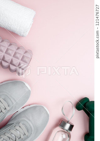 Healthy lifestyle, athletes equipment set foam roller for Myofascial release, dumbbells Healthy lifestyle, athletes equipment set foam roller for Myofascial release, dumbbells 121476727