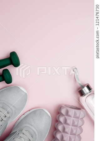 Healthy lifestyle, athletes equipment set foam roller for Myofascial release, dumbbells 121476730