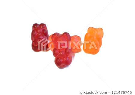 Set of red, yellow and orange jelly gummy bear isolated on a white background. Colorful jelly gummy bears. 121476746