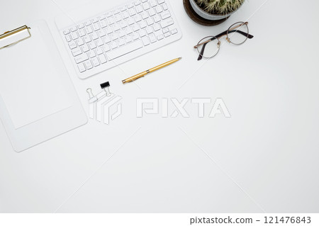 Flat lay composition with copy space. Office workspace and productivity concept. Mock up notebook 121476843