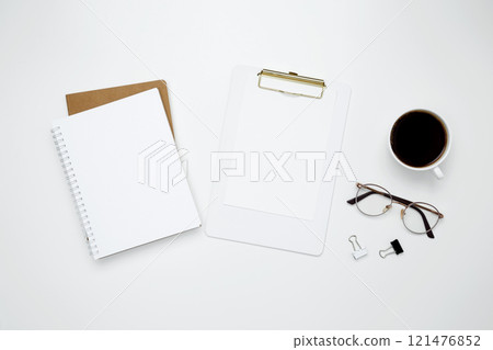 Flat lay composition with copy space. Office workspace and productivity concept. Mock up notebook 121476852