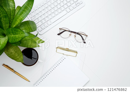 Flat lay composition with copy space. Office workspace and productivity concept. Mock up notebook 121476862