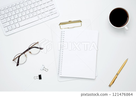 Flat lay composition with copy space. Office workspace and productivity concept. Mock up notebook 121476864