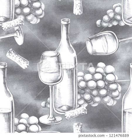 Seamless pattern with bottle and grape vine composition. Cool illustration on white background for farm produce design, restaurant wine lists, cafe decoration, packaging and fabric printing. 121476889