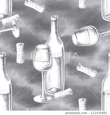 Seamless pattern with bottle composition, curved vine and grapes. Cool illustration on white background for farm produce design, restaurant wine lists, cafe decoration, packaging and fabric printing. Seamless pattern with bottle composition, curved vine and grapes. Cool illustration on white background for farm produce design, restaurant wine lists, cafe decoration, packaging and fabric printing. 121476891