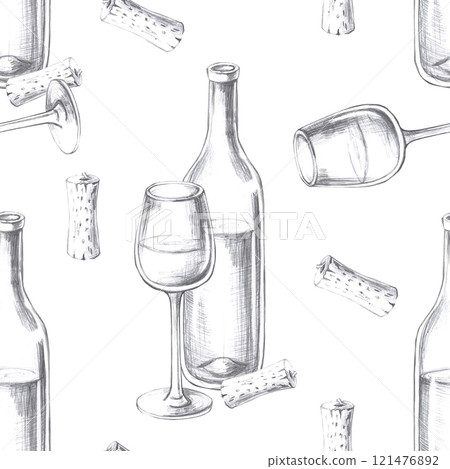 Seamless pattern with a composition of a bottle and grape vine. Cool illustration on a graphite background for the design of farm products, restaurant wine lists, cafe decoration. Seamless pattern with a composition of a bottle and grape vine. Cool illustration on a graphite background for the design of farm products, restaurant wine lists, cafe decoration. 121476892