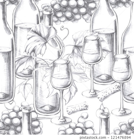 Seamless pattern with bottles, cork, glasses and bunches of grapes. Cool illustration on white background for farm products design, restaurant wine lists, printing on packaging and fabric. 121476894
