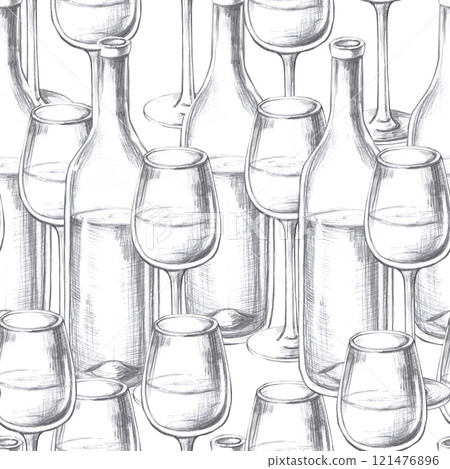 Seamless pattern with bottles, entwined grapes and a glass. Cool illustration on a white background for the design of farm products, restaurant wine lists, printing on packaging and fabric. Seamless pattern with bottles, entwined grapes and a glass. Cool illustration on a white background for the design of farm products, restaurant wine lists, printing on packaging and fabric. 121476896