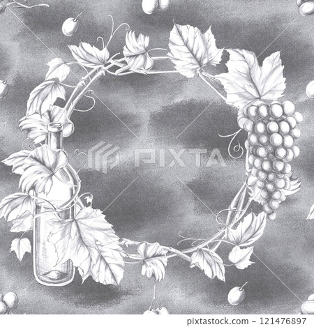 Seamless pattern with bottles and glasses. Cool illustration on graphite background for farm products design, restaurant wine lists, cafe decoration, packaging and fabric printing. Seamless pattern with bottles and glasses. Cool illustration on graphite background for farm products design, restaurant wine lists, cafe decoration, packaging and fabric printing. 121476897