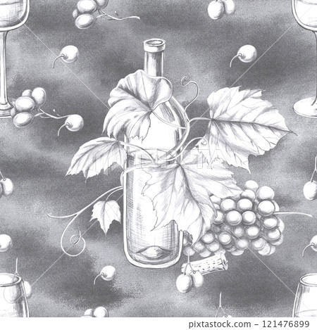Seamless pattern with round wreath of grapevine. Beautiful illustration on white background for farm products design, restaurant wine lists, cafe decoration, printing on packaging and fabric Seamless pattern with round wreath of grapevine. Beautiful illustration on white background for farm products design, restaurant wine lists, cafe decoration, printing on packaging and fabric 121476899