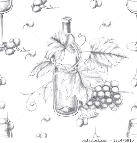 Seamless pattern with a bottle of wine entwined with grapevine. Cool illustration on a white background for the design of farm products, restaurant wine lists, cafe decoration. Seamless pattern with a bottle of wine entwined with grapevine. Cool illustration on a white background for the design of farm products, restaurant wine lists, cafe decoration. 121476910
