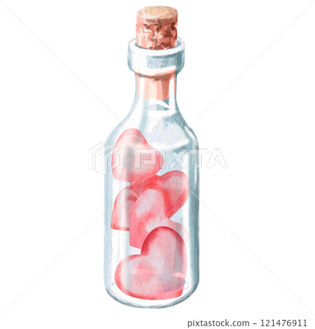 Magic bottle with a cork with hearts inside. Isolated watercolor illustration for the design of gift products for Valentine's Day, printing on posters, clothes, fabric, decorating children's rooms. Magic bottle with a cork with hearts inside. Isolated watercolor illustration for the design of gift products for Valentine's Day, printing on posters, clothes, fabric, decorating children's rooms. 121476911