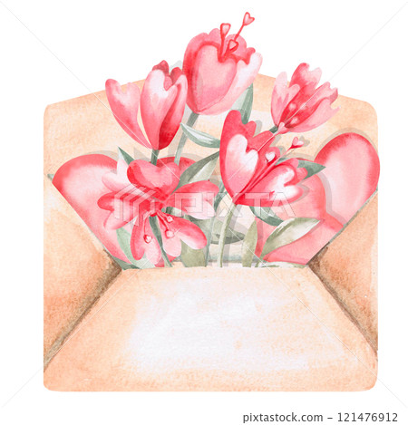 Envelope filled with saddles and flowers. Isolated watercolor illustration for design of gift products for Valentine's Day, Mother's Day, poster printing, clothing, fabric, children's room decoration. Envelope filled with saddles and flowers. Isolated watercolor illustration for design of gift products for Valentine's Day, Mother's Day, poster printing, clothing, fabric, children's room decoration. 121476912