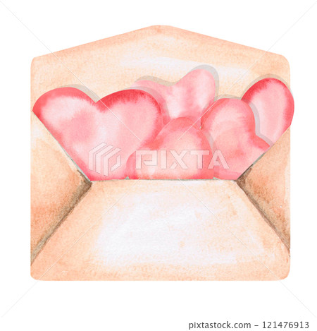 Envelope filled with little hearts. Isolated watercolor illustration for design of gift products for Valentine's Day, Mother's Day, poster printing, clothing, fabric, children's room decoration. Envelope filled with little hearts. Isolated watercolor illustration for design of gift products for Valentine's Day, Mother's Day, poster printing, clothing, fabric, children's room decoration. 121476913