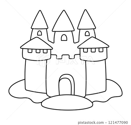 Sandcastle. Summer Sand Castle. Outline Doodle illustration for colouring pages. Editable Stroke. Fun illustration of sea life. 121477090