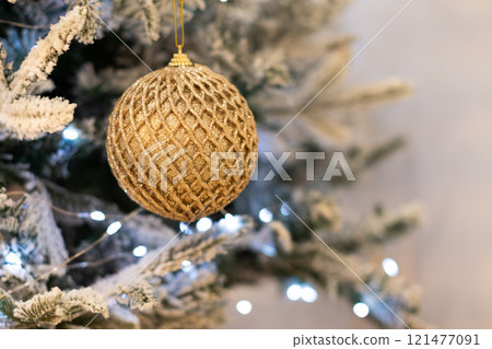 Close up view of a Christmas tree background. copy space  121477091