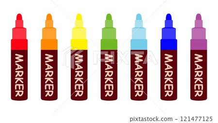 Colorful marker pens set. 7 bright rainbow colours. Children and artist pencils. Kids vivid painting tools, various color palette. Office highlighters design elements. Back to school Colorful marker pens set. 7 bright rainbow colours. Children and artist pencils. Kids vivid painting tools, various color palette. Office highlighters design elements. Back to school 121477125