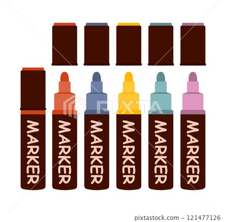 Colorful capped markers pens set. Children and artist pencils. Kids vivid painting tools, various color palette. Office highlighters design elements. Back to school 121477126