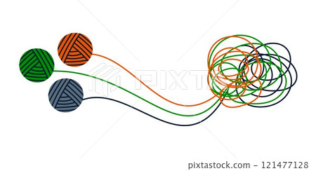 Three colorful tangles chaotically tangled together. Chaos and order. Tangled jangle, Tangled thoughts. Counselling, psychology, support concept. Coaching, mentoring or psychotherapy. Problem solving. 121477128