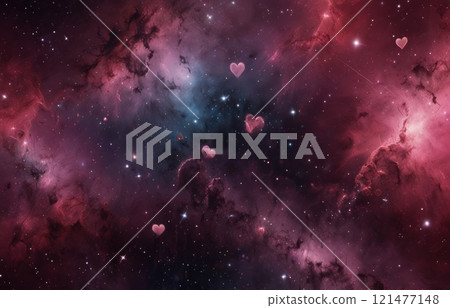 The cosmic nebula in pink colors. Valentine's Day banner concept, hearts, space of love 121477148