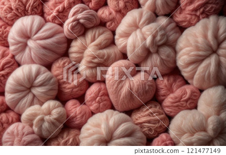 Fluffy furry hearts for valentine's day in the colors mocha and pink. Banner concept with space for text 121477149