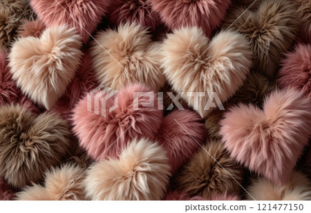 Fluffy furry hearts for valentine's day in the colors mocha and pink. Banner concept with space for text 121477150