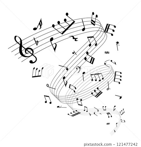 Spiral music sheet: background vector illustration of musical notes lined up on a staff 121477242