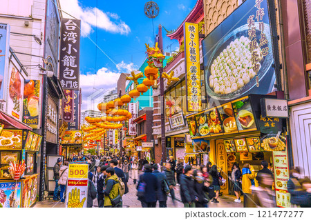 Yokohama cityscape in Japan, 2025 Chinese New Year lanterns. Blessed with blue skies, the bustling Chinatown Boulevard... May the new era be a blessing... = 12th 121477277