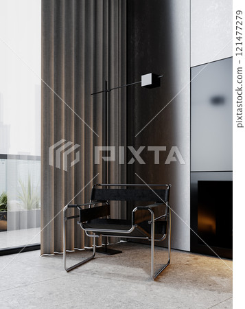 Contemporary minimalism gray interior with metal wall panels, armchair, terrazzo tile and decor. 3d render illustration mockup. 121477279