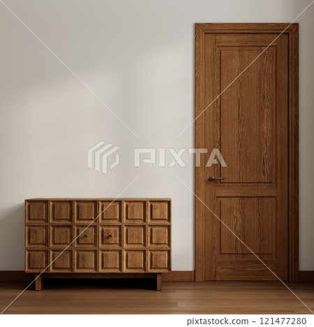 Interior with honey wood dresser, door, parquet floor and white blank wall. 3d render illustration mockup. 121477280