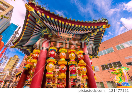 Yokohama Cityscape 2025 Chinese New Year Lanterns in Japan. Dragons and other figures appear in front of the "Kaiho-tei" rest area in Yamashitacho Park on the 12th. 121477331