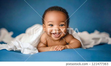 Newborn African American baby boy looks at camera and smiles while lying on blue sheet 121477363