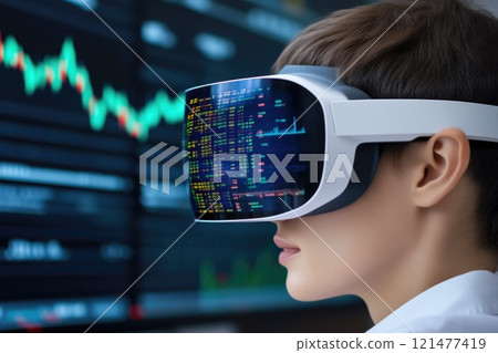 Business Professional Using AR Glasses for Market Analysis 121477419