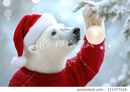 Polar Bear Pawing at Christmas Ornament in Snow 121477426