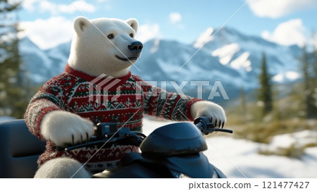 Snowmobile Ride with a Christmas Sweater-Clad Polar Bear Snowmobile Ride with a Christmas Sweater-Clad Polar Bear 121477427