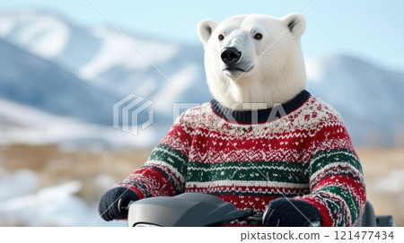 Festive Polar Bear on a Snowy Mountain Ride Festive Polar Bear on a Snowy Mountain Ride 121477434