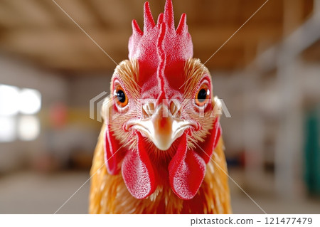 Close-up of chicken eating grains in a clean pen Close-up of chicken eating grains in a clean pen 121477479