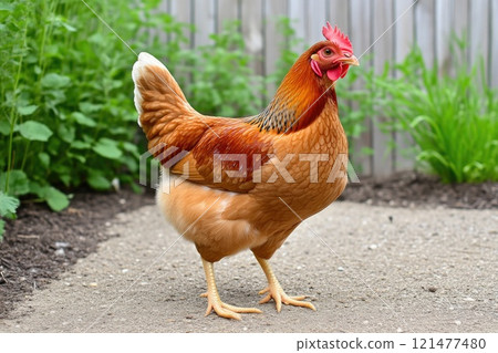 Chicken pecking food on concrete flooring in an indoor farm Chicken pecking food on concrete flooring in an indoor farm 121477480