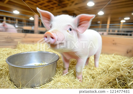 Farm Pig Resting in Fluorescent Lit Pen Farm Pig Resting in Fluorescent Lit Pen 121477481