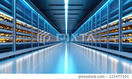 Industrial Chicken Farm with Rows of Cages and Fluorescent Lights 121477501