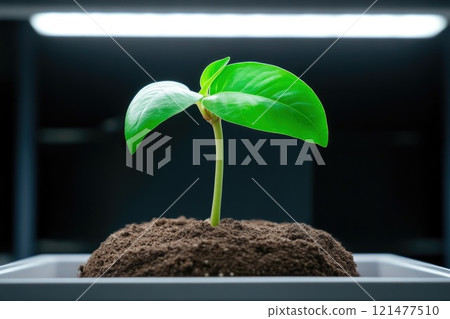 Fresh Leaf Growing in Indoor Plant Pot under Fluorescent Lights Fresh Leaf Growing in Indoor Plant Pot under Fluorescent Lights 121477510