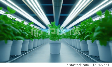 Rows of thriving plants under bright overhead lighting 121477531