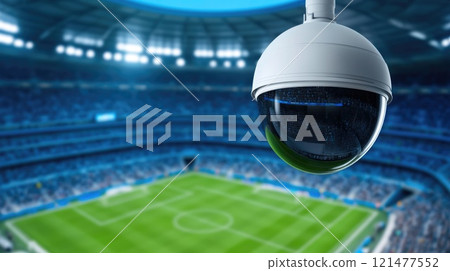 Overhead view of football stadium with CCTV surveillance Overhead view of football stadium with CCTV surveillance 121477552